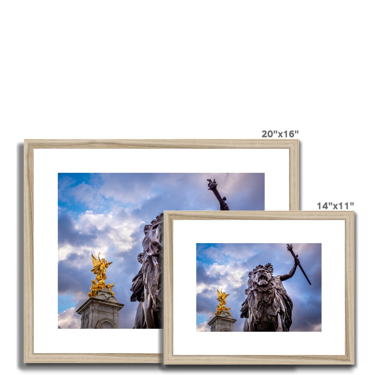 Gilded Winged Victory at the top of the Victoria Memorial and Progress bronze statue at base, London. Framed & Mounted Print