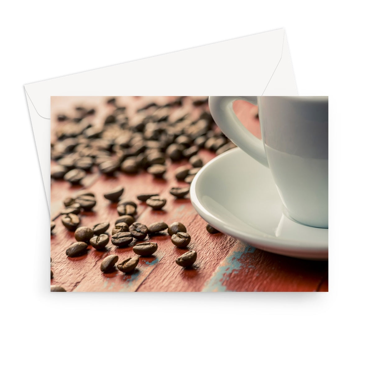 Roasted coffee beans on painted wooden board with white espresso cup and saucer Greeting Card