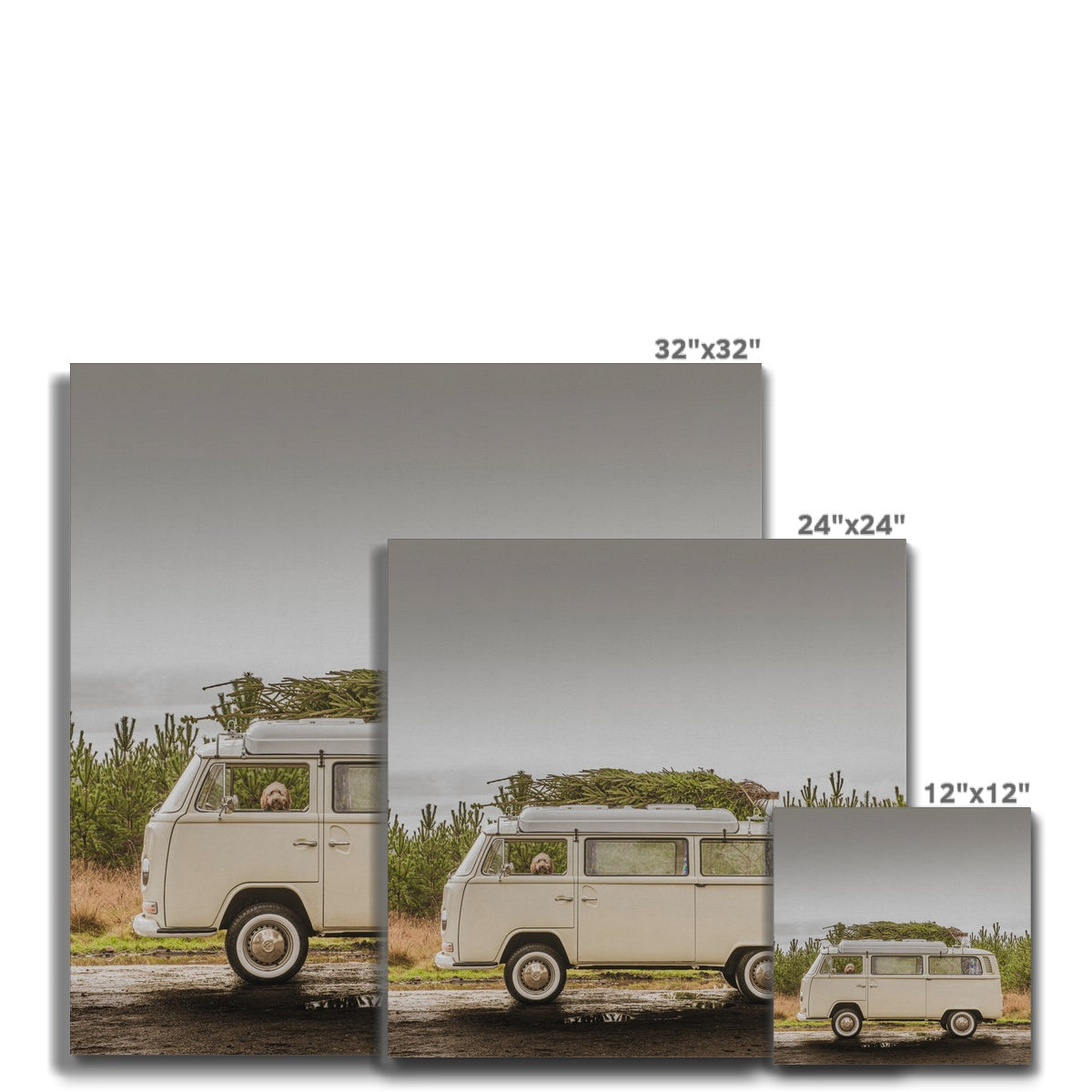 1972 VW Bay Window Campervan parked with with Christmas tree on roof and Cockapoo dog looking out of window. Canvas