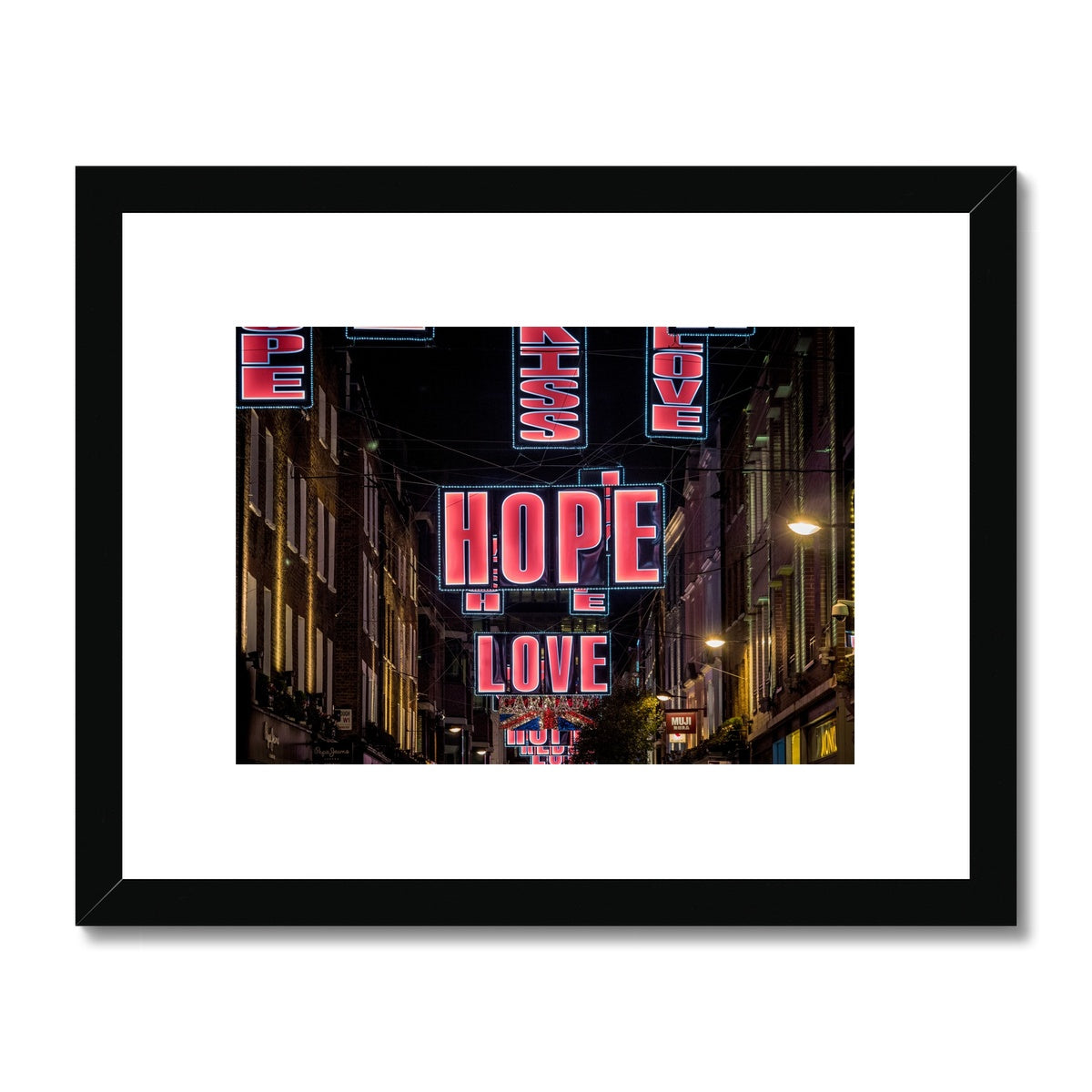 Hope and Love Christmas illuminations in Carnaby Street, London, UK. Framed & Mounted Print