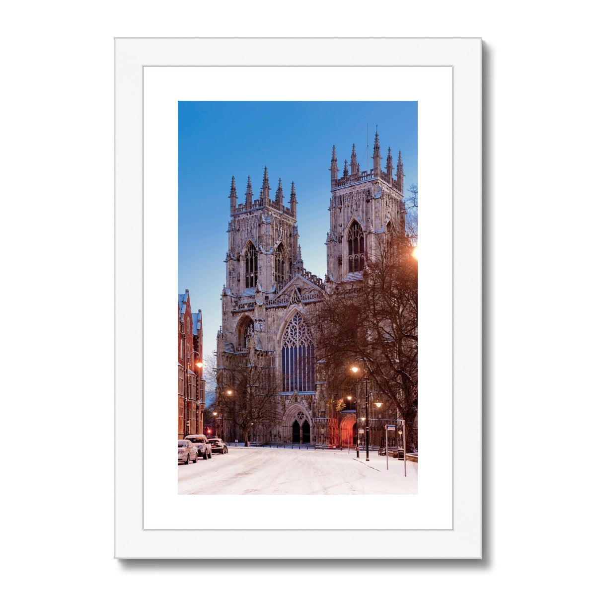 West front of York Minster and Duncombe Place in the snow, York, UK. Framed & Mounted Print