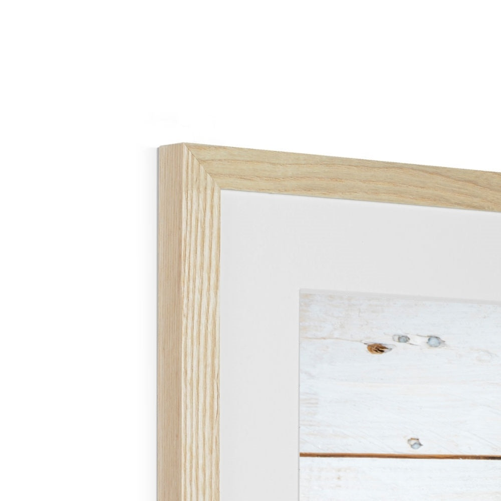 Assortment of fresh fruit and vegetables on white wooden boards. Framed & Mounted Print