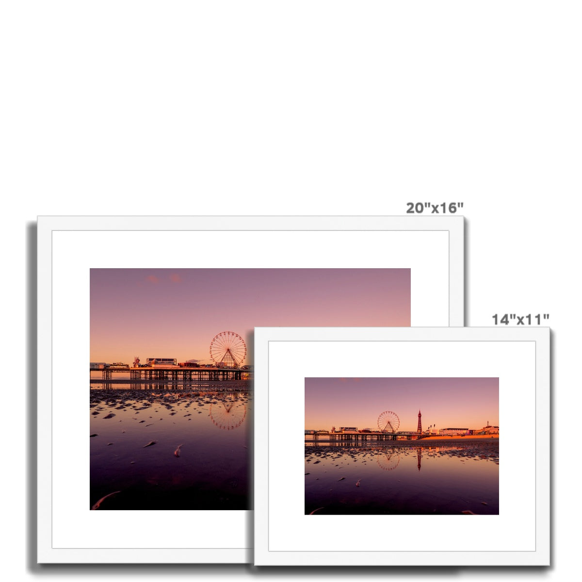 Blackpool Tower and Central Pier with beach reflections at sunset. Framed & Mounted Print