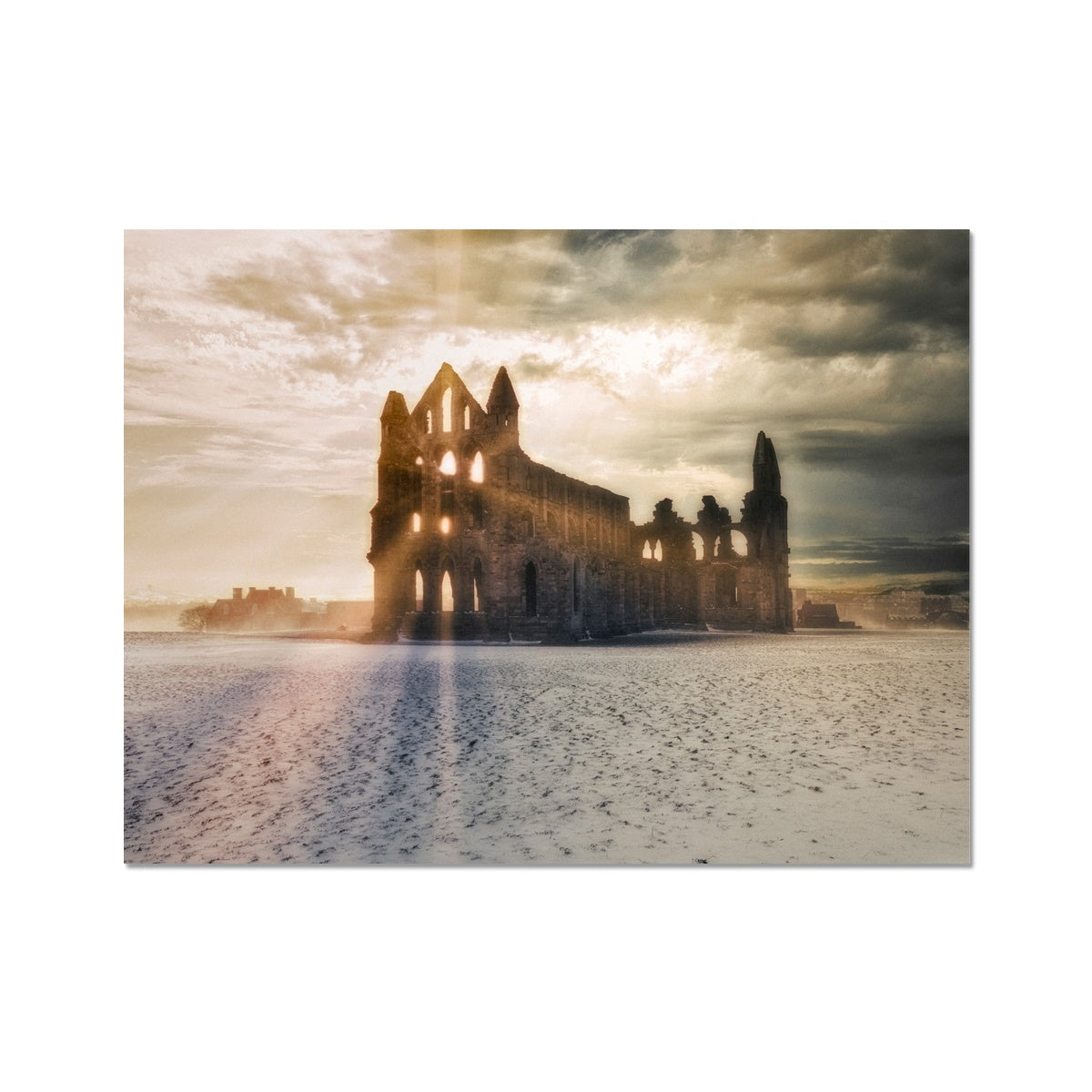 Whitby Abbey at sunset in the snow, Whitby, UK. Fine Art Print