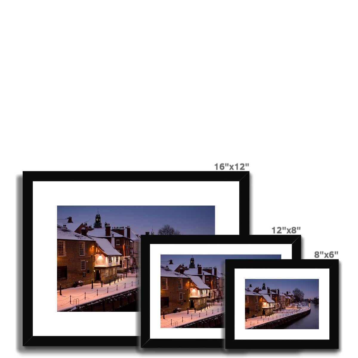 The Kings Arms pub and River Ouse in the snow at dusk, York, UK. Framed & Mounted Print