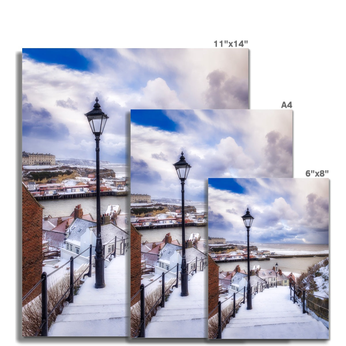 Snow covered steps leading down from St Mary's Church, Whitby, UK. Fine Art Print