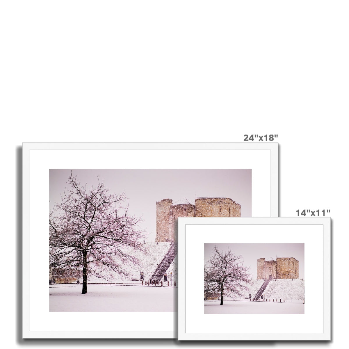 Clifford's Tower in snow blizzard, York, UK Framed & Mounted Print