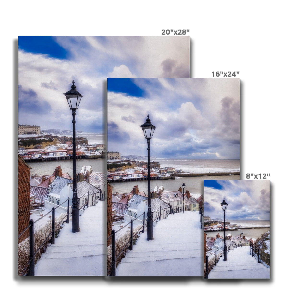 Snow covered steps leading down from St Mary's Church, Whitby, UK. Canvas