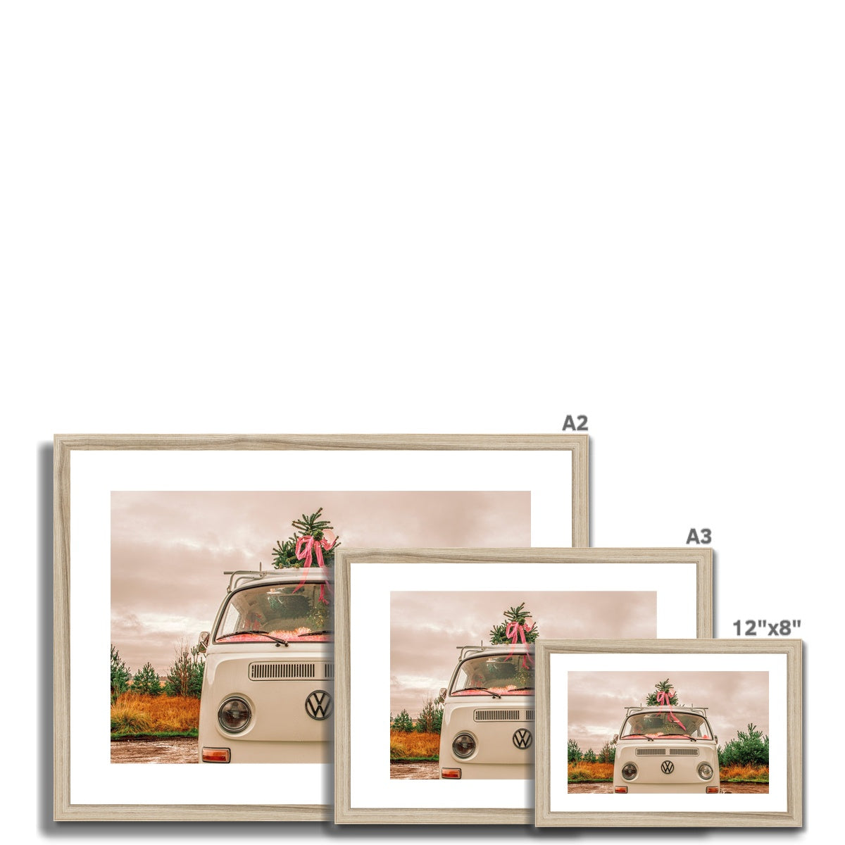 1972 VW Bay Window Campervan parked with with Christmas tree on roof. Framed & Mounted Print