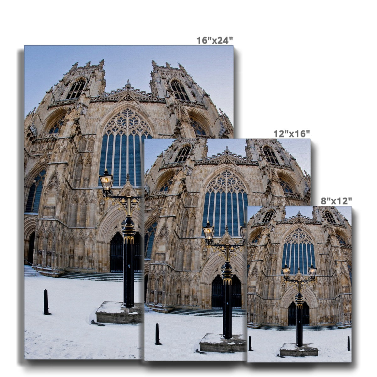 Fish eye shot of the West front of York Minster in snow Canvas