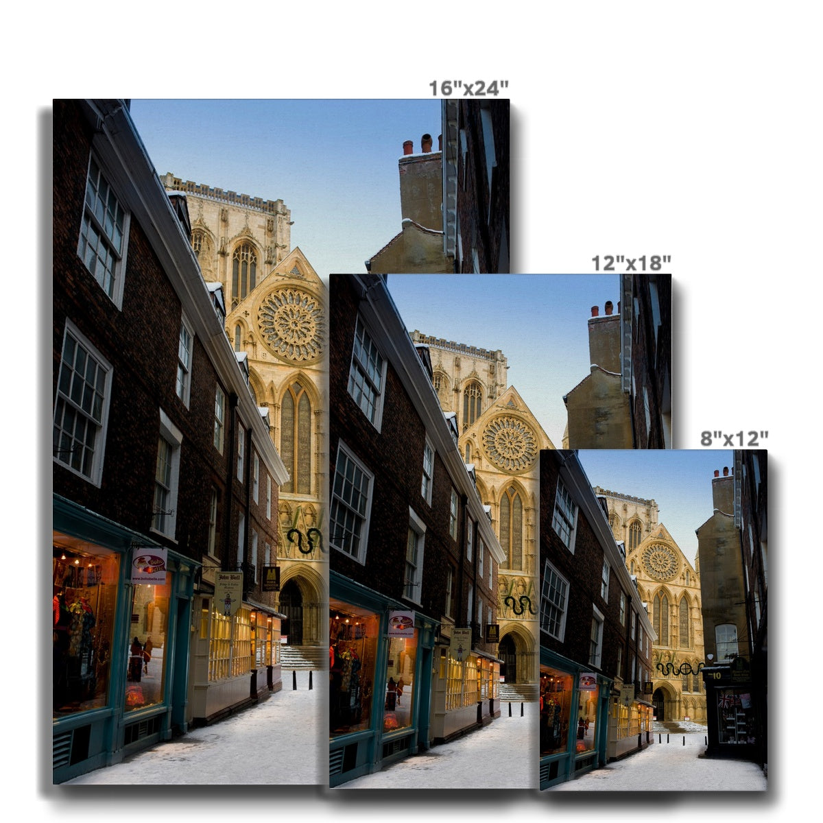 South entrance to York Minster with the Rose window seen from Minster Gates in the snow, York, UK. Canvas
