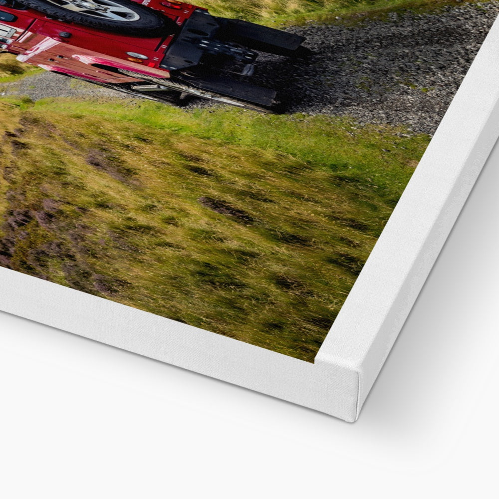 Red Land Rover Defender 110 4WD car navigating a Green Lane track, North Yorkshire Moors, UK. Canvas