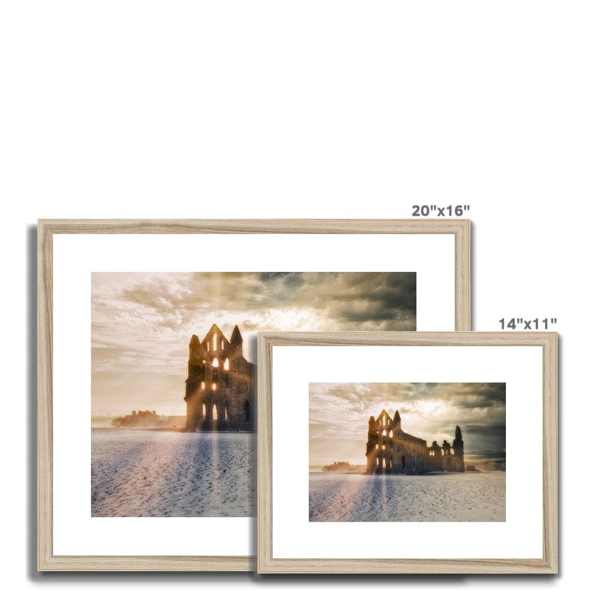 Whitby Abbey at sunset in the snow, Whitby, UK. Framed & Mounted Print