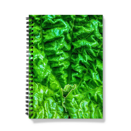 Close-up of the textured surface of a vivid green young rhubarb leaf Notebook