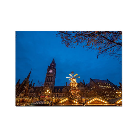 Manchester Town Hall and Christmas market at night Fine Art Print