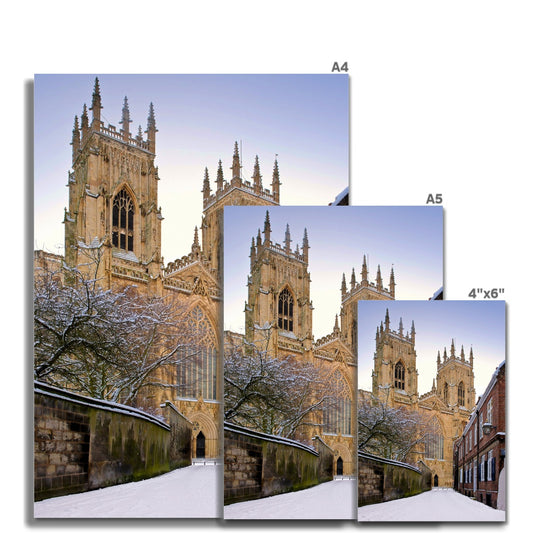 York Minster in the snow seen from Precentors Court. York, UK. Fine Art Print