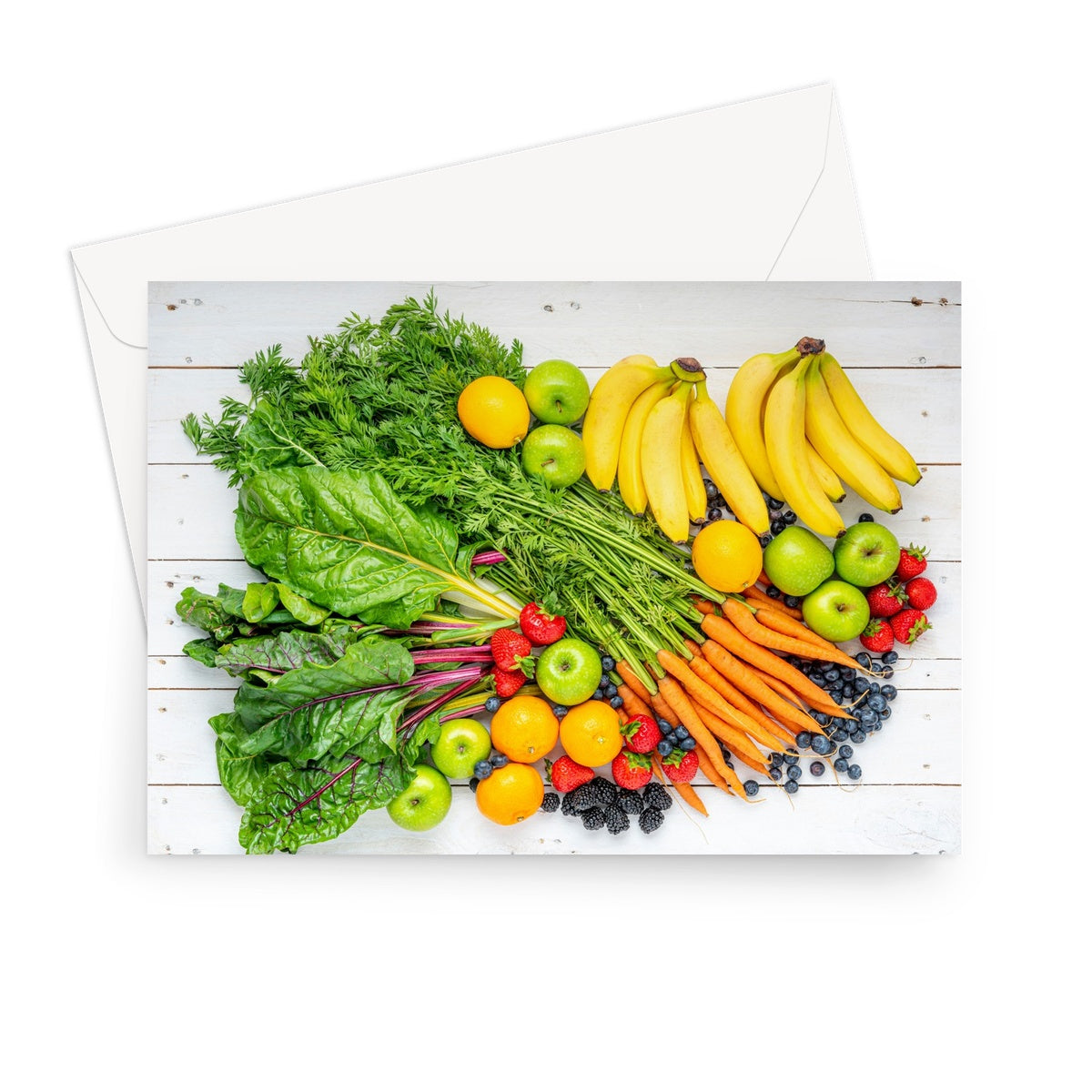 Assortment of fresh fruit and vegetables on white wooden boards. Greeting Card