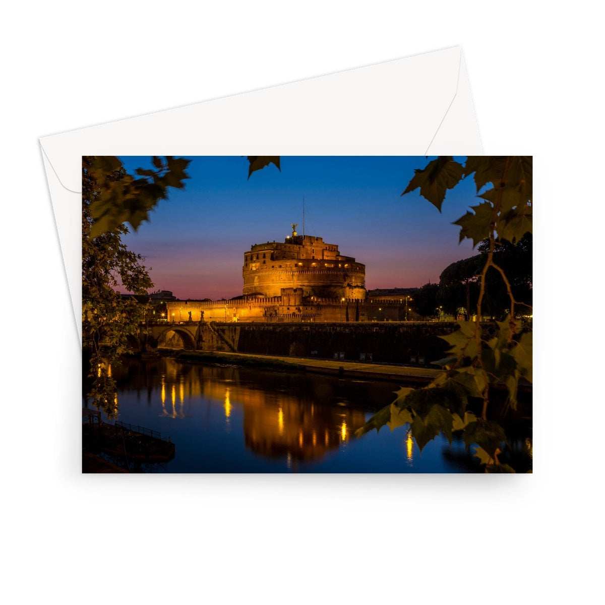 Castel sant'Angelo on the banks of the river tiber at night, Rome, Italy. Greeting Card
