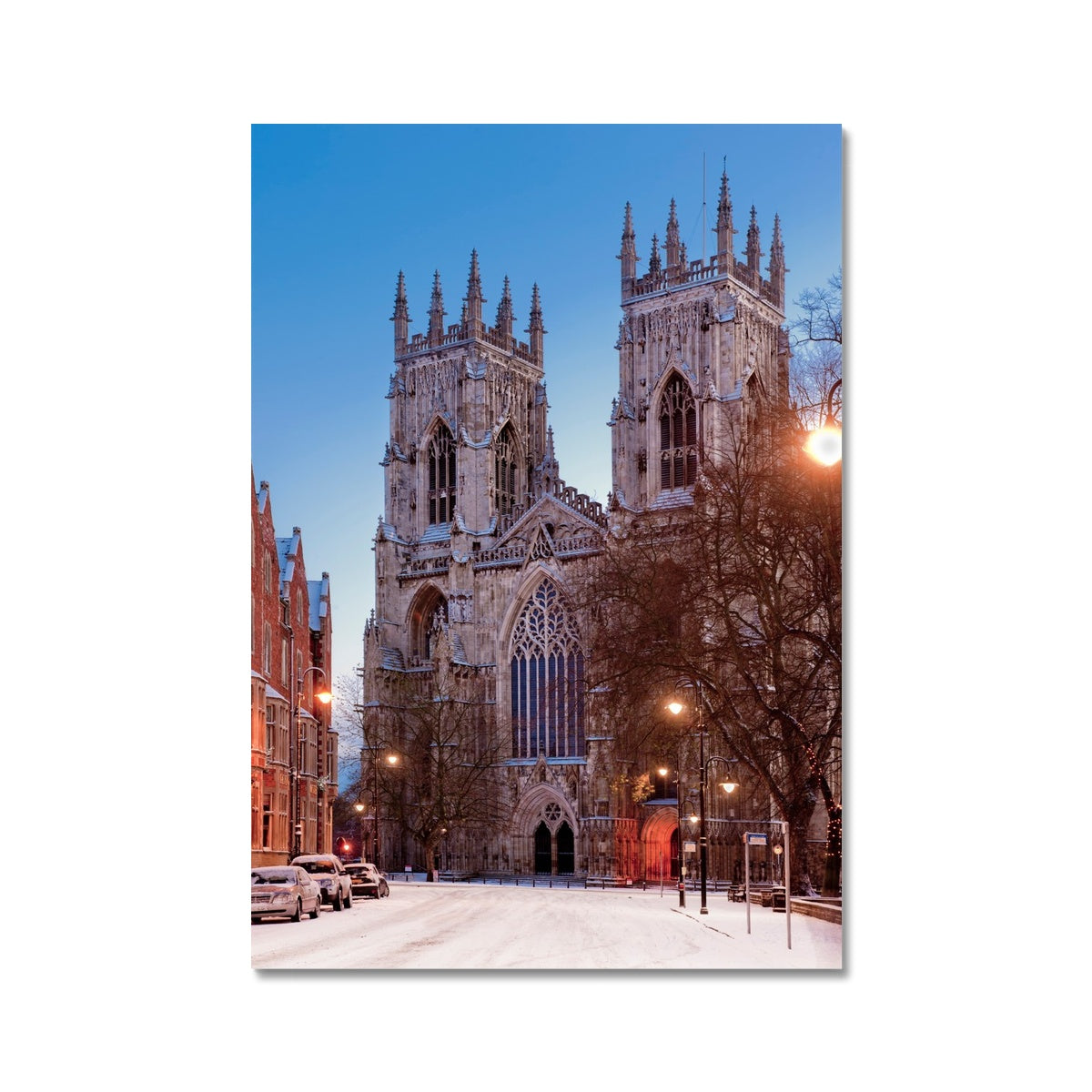 West front of York Minster and Duncombe Place in the snow, York, UK. Fine Art Print