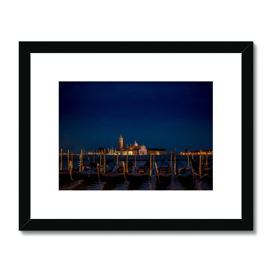 Gondolas moored in St Mark's Basin with San Giorgio Maggiore in the background at night, Venice, Italy. Framed & Mounted Print