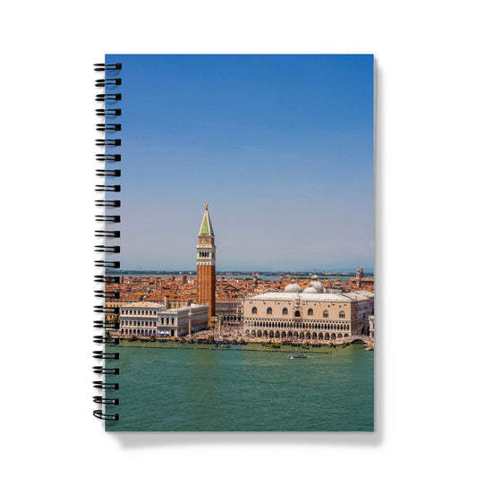 Aerial view of  Doges Palace and the bell tower of St Marks basilica, St Marks Basin, Venice. Italy. Notebook