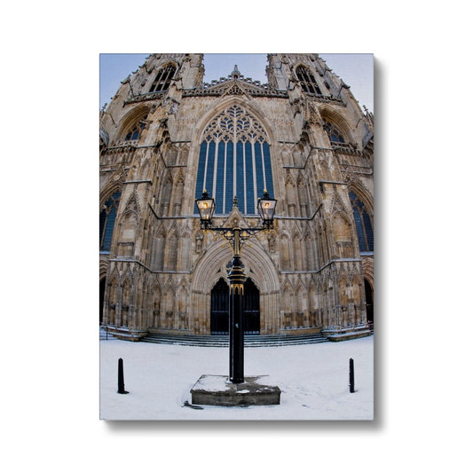 Fish eye shot of the West front of York Minster in snow Canvas
