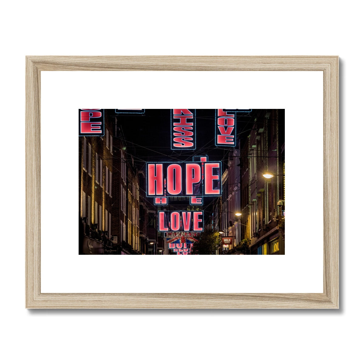 Hope and Love Christmas illuminations in Carnaby Street, London, UK. Framed & Mounted Print