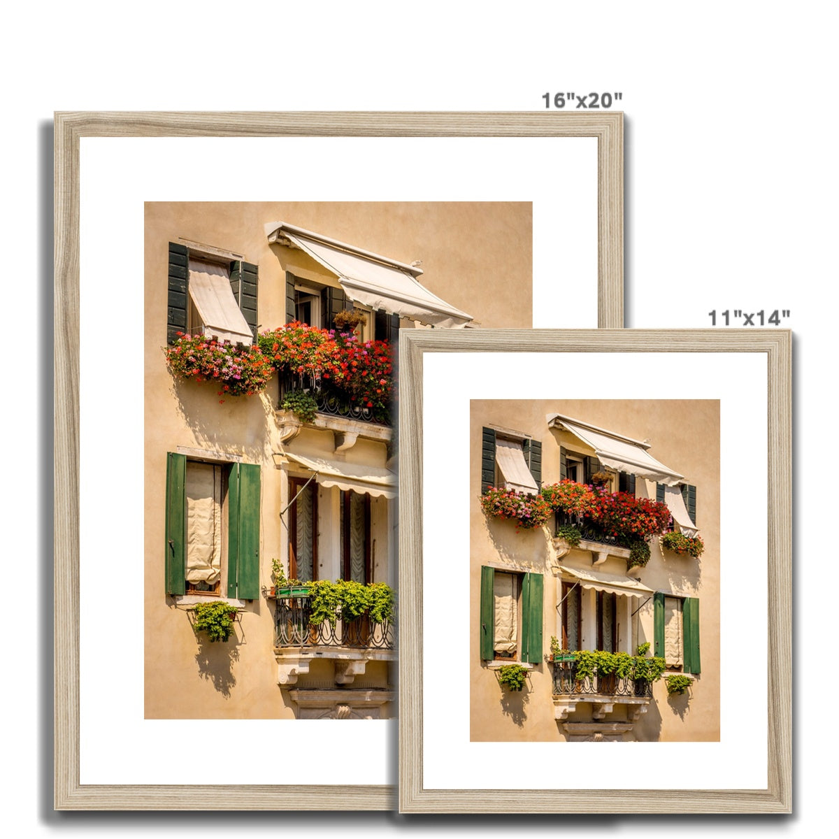 Traditional canal-side cream-rendered house with shuttered windows and window boxes. Venice. Italy. Framed & Mounted Print