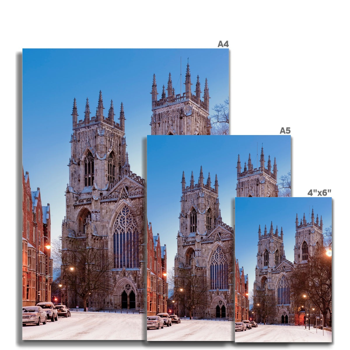 West front of York Minster and Duncombe Place in the snow, York, UK. Fine Art Print