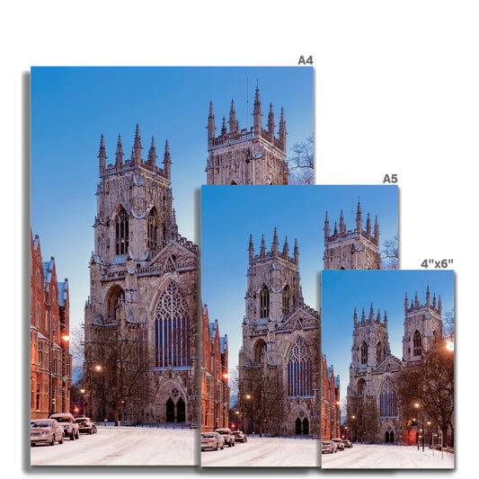 West front of York Minster and Duncombe Place in the snow, York, UK. Fine Art Print