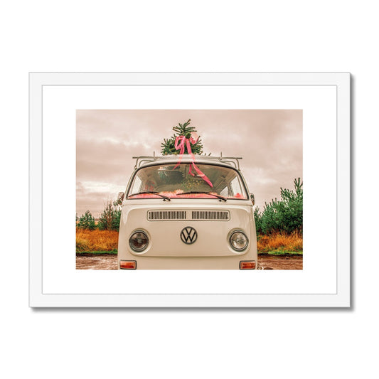 1972 VW Bay Window Campervan parked with with Christmas tree on roof. Framed & Mounted Print