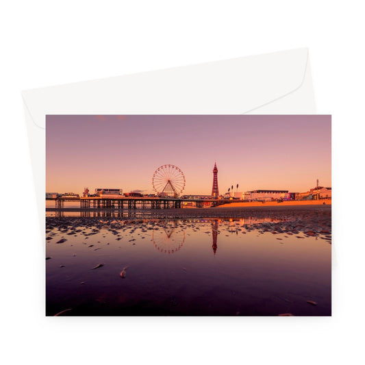 Blackpool Tower and Central Pier with beach reflections at sunset. Greeting Card