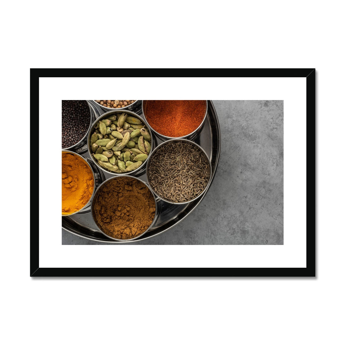 Flat lay of an spice tin (masala dabba)  Framed & Mounted Print