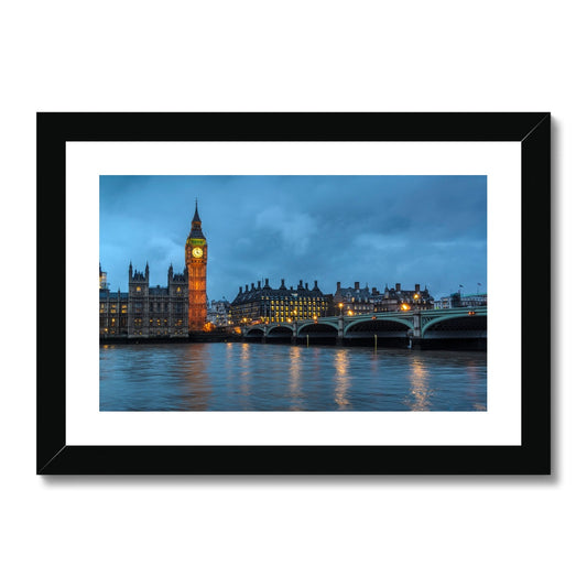 Big Ben and Houses of Parliament at dusk, Westminster, London. Framed & Mounted Print