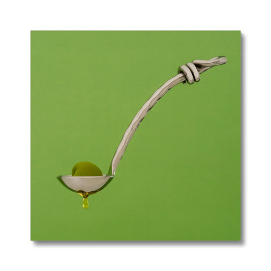 Single green olive on spoon with oil dripping. Canvas