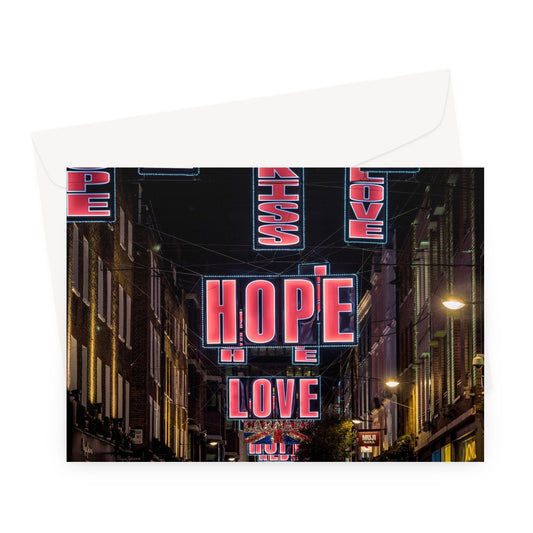 Hope and Love Christmas illuminations in Carnaby Street, London, UK. Greeting Card