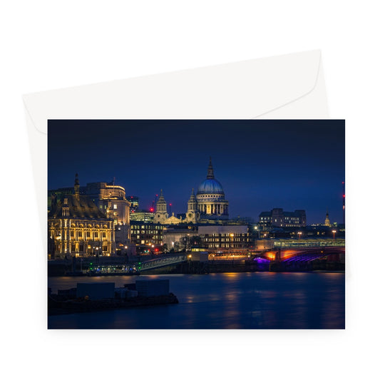 St Pauls Cathedral, Blackfriars Bridge, River Thames and London skyline at dusk. Greeting Card