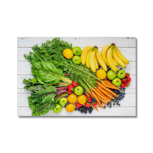 Assortment of fresh fruit and vegetables on white wooden boards. Canvas