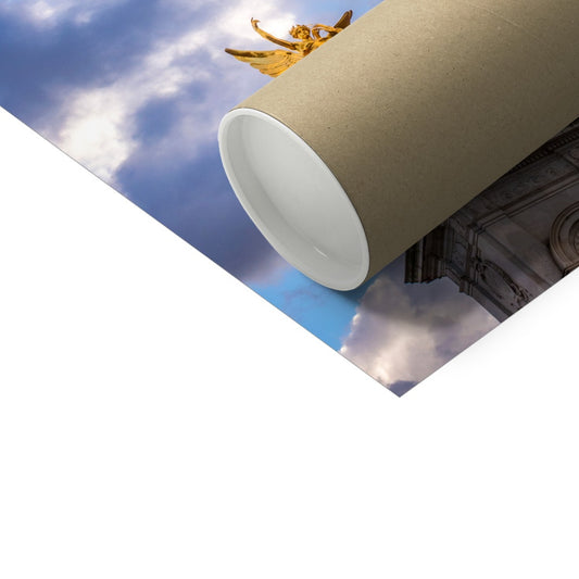 Gilded Winged Victory at the top of the Victoria Memorial and Progress bronze statue at base, London. Fine Art Print