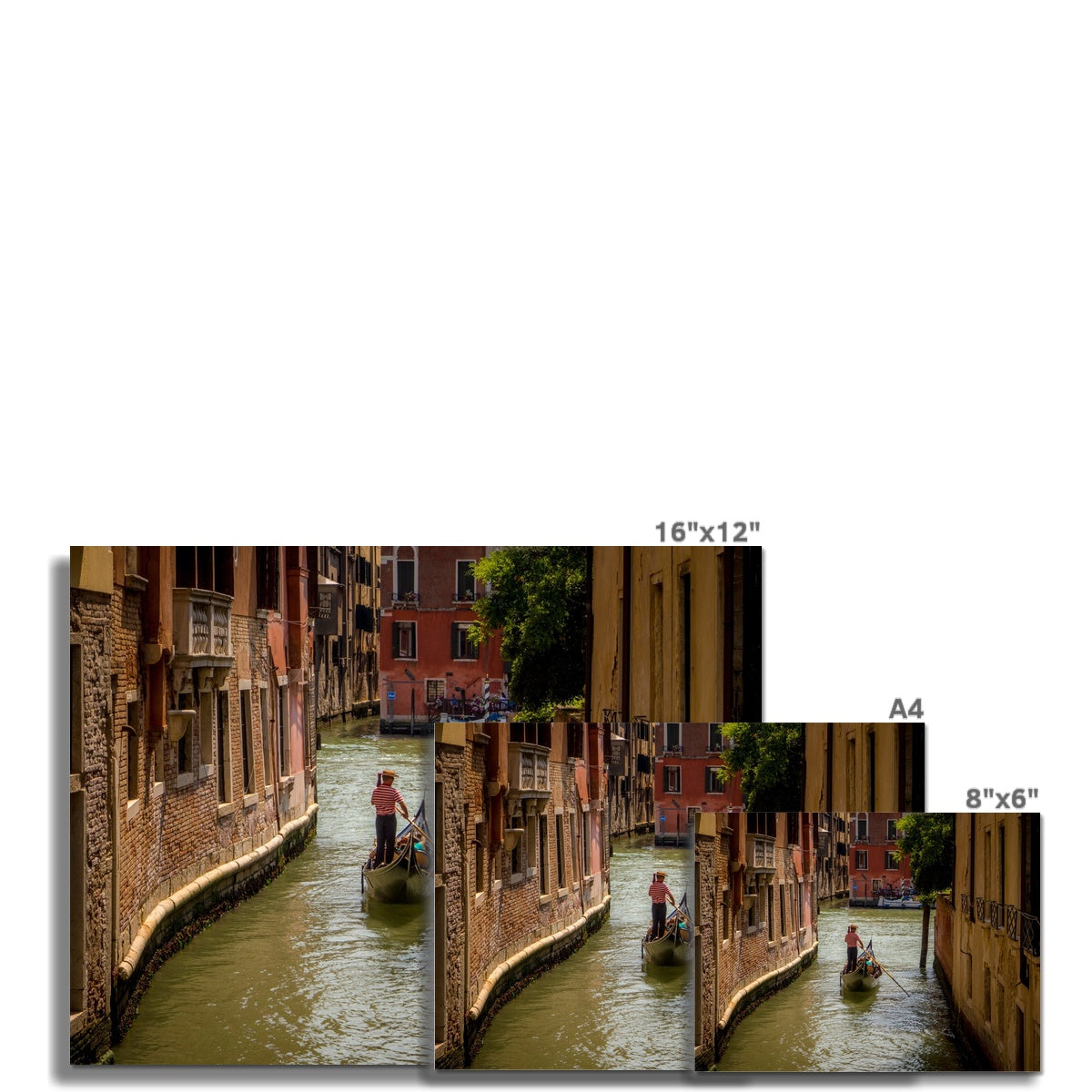 Gondola with gondolier wearing a traditional boater hat and striped top on a  canal in Venice. Italy. Fine Art Print