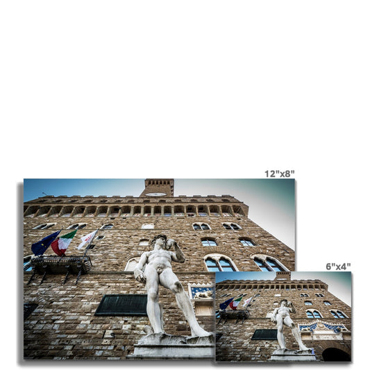 Statue of David overlooking Piazza della Signoria, with Palazzo Vecchio behind. Florence, Italy. Fine Art Print