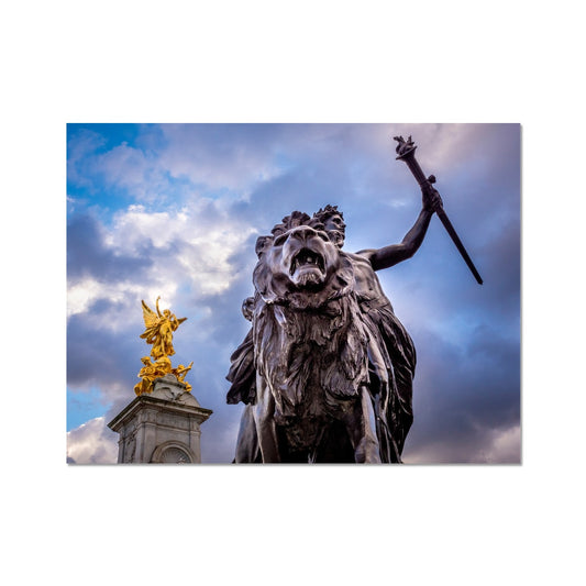 Gilded Winged Victory at the top of the Victoria Memorial and Progress bronze statue at base, London. Fine Art Print