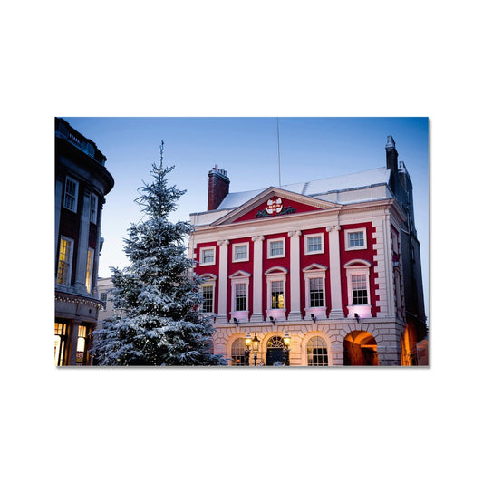 York Mansion House and Christmas tree in the snow, York, UK. Fine Art Print