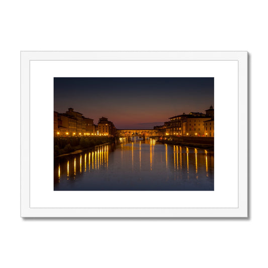 Ponte Vecchio at sunset and the river Arno. Florence, Italy. Framed & Mounted Print