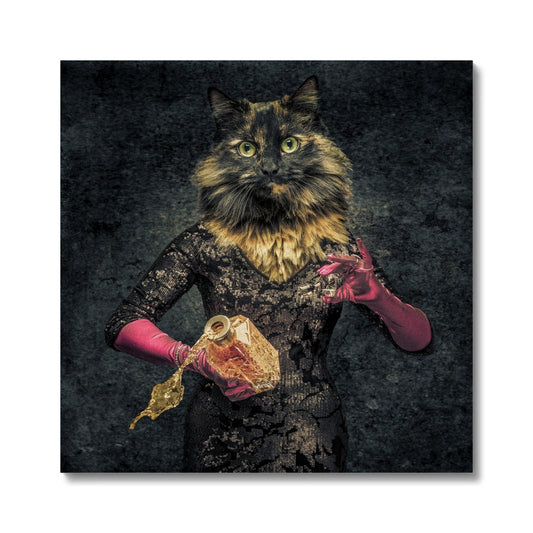Anthropomorphic cat spilling drink from decanter Canvas