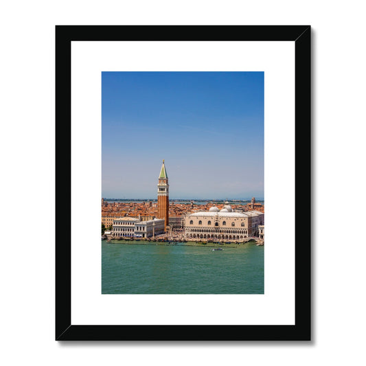 Aerial view of  Doges Palace and the bell tower of St Marks basilica, St Marks Basin, Venice. Italy. Framed & Mounted Print