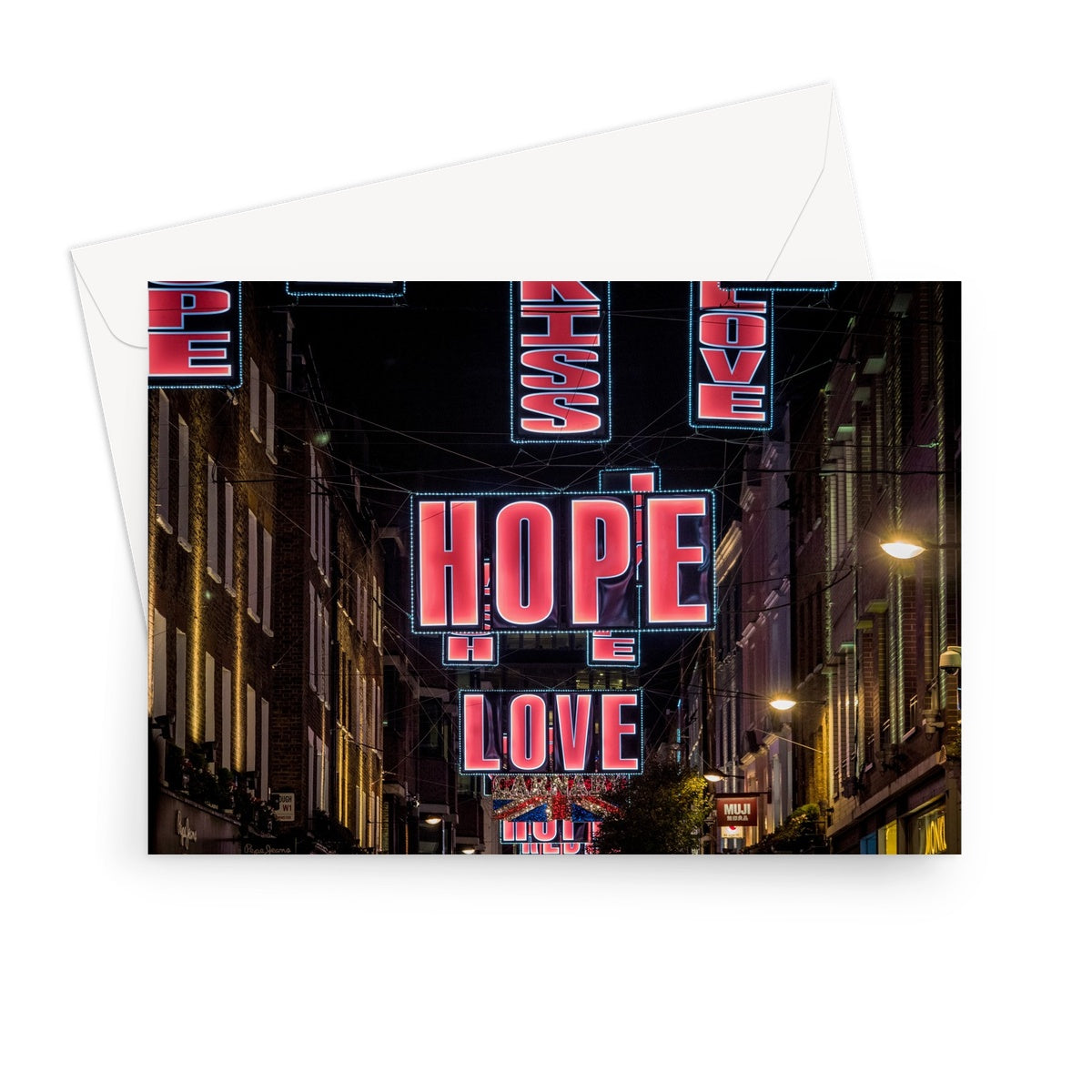 Hope and Love Christmas illuminations in Carnaby Street, London, UK. Greeting Card
