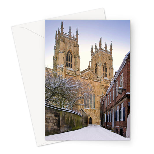 York Minster in the snow seen from Precentors Court. York, UK. Greeting Card