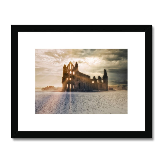 Whitby Abbey at sunset in the snow, Whitby, UK. Framed & Mounted Print