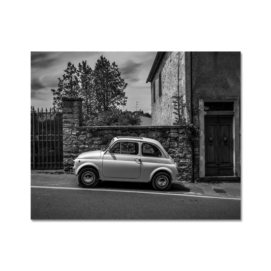 Vintage Fiat 500  car parked in Castellina in Chianti, Tuscany, Italy. Fine Art Print